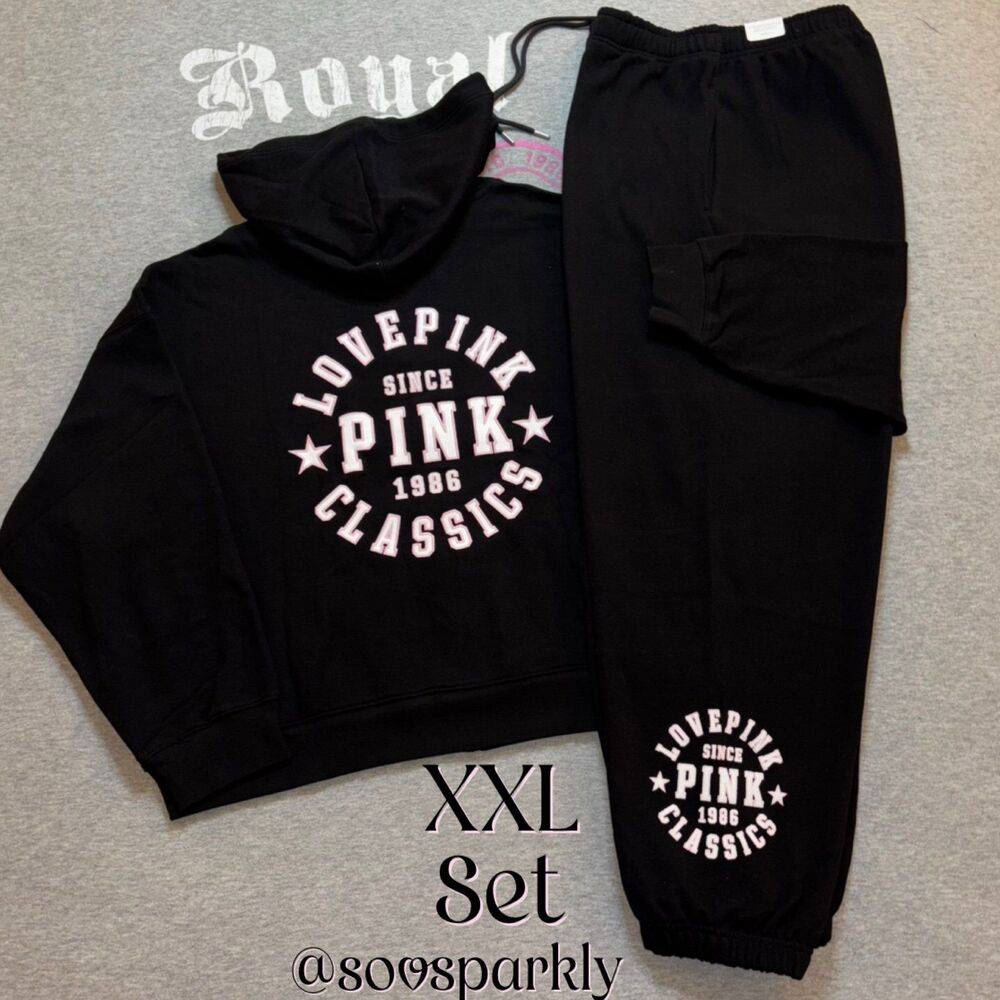 NWT VS PINK Black Love Pink Classics 1986 Logo Ivy Fleece Hoodie & Sweats XXL
